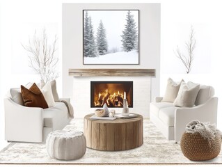 A cozy living room scene featuring a lit fireplace and furniture