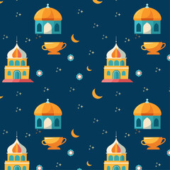 Ramadan-Themed Pattern with Lanterns, Moons, Stars, and Buildings on Dark Blue Background