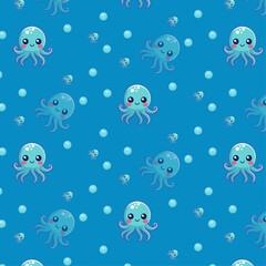 Seamless Cartoon Octopus Pattern on Blue Background