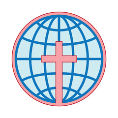 Image of a red cross on the background of a blue globe. The symbol of the global international Christian mission of the Church. The preaching of the Gospel of Jesus Christ. EPS 10. Vector illustration
