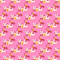 Seamless Pattern of Cartoon Animals and Plants on Pink Background
