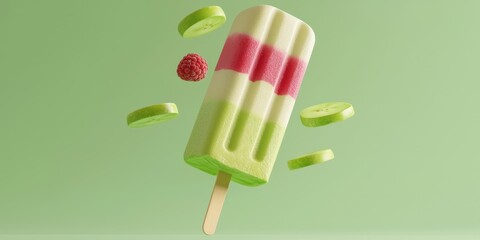 Flying popsicle with green apple and raspberry layers, on a soft green background