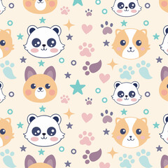 Seamless Pattern of Cute Cartoon Animal Faces with Stars, Hearts, and Paw Prints on Light Beige Background