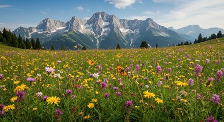 Fototapeta premium Idyllic Floral Meadow with Butterflies and Majestic Mountain Backdrop