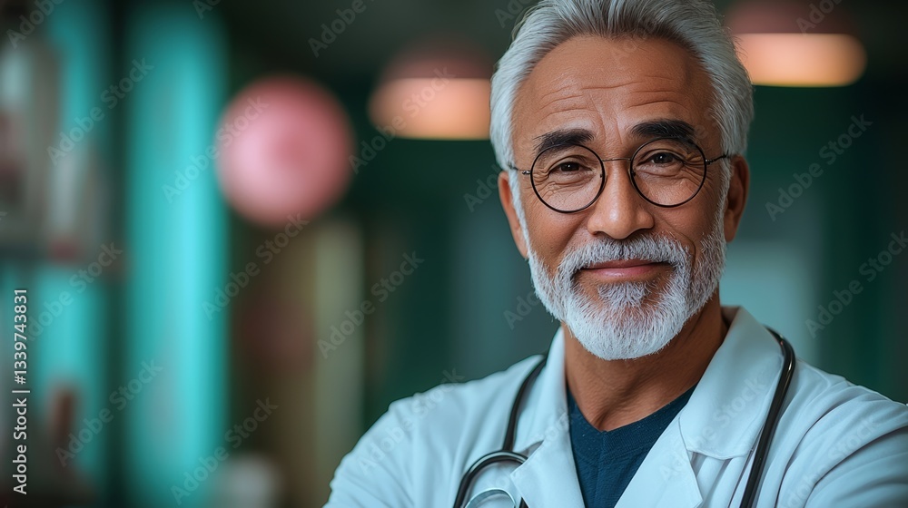 Poster man in a white lab coat with glasses is smiling. he is a doctor. the image has a calm and friendly m