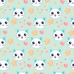 Seamless Pattern of Cute Cartoon Cat Faces with Stars and Hearts on Light Green Background