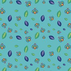 Seamless Pattern of Cute Cartoon Birds and Colorful Leaves