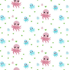 Seamless Pattern of Cute Cartoon Octopuses and Hearts on White Background