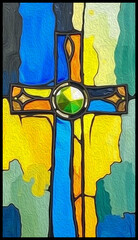 Cross . Colorful stained glass window. Multicolored interior design template. Oil painting