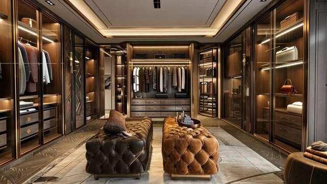Luxurious Modern Walk-in Closet Design with Brown and Gold Accents