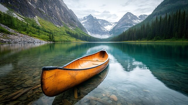 Calm lake with canoe