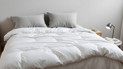 White Comforter on a Made Bed with Gray Pillows in a Minimalist Bedroom Design