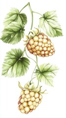 Watercolor Illustration of Vibrant Berries and Lush Leaves: A Detailed Botanical Delight