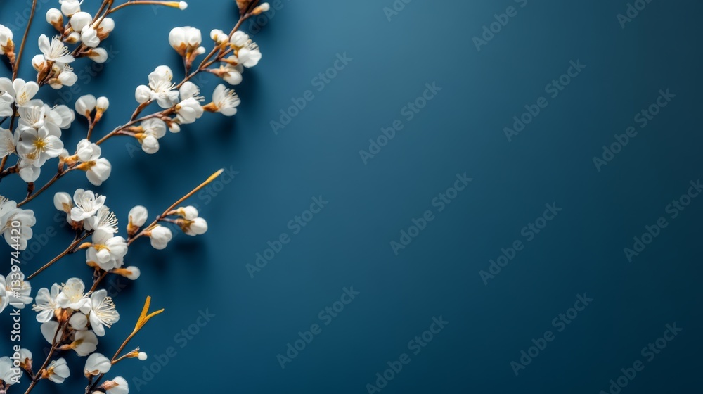 Poster blue background with white flowers on it. the flowers are arranged in a way that they are almost tou