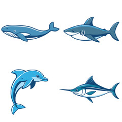 Fototapeta premium Simple, Contoured Ocean Animal Illustrations - Shark, Whale, Doplhin, Swordfish Set