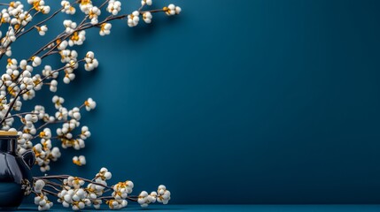 Vase of white flowers sits on a blue background. The flowers are arranged in a way that they seem to be floating in midair, creating a sense of lightness and serenity