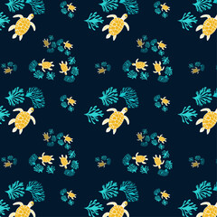 Seamless Pattern of Sea Turtles and Coral on Dark Background