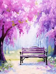 Charming spring garden with a pastel bench surrounded by blooming trees