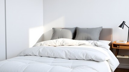 Bright Minimalist Bedroom Interior With White Bedding And Gray Pillows and Light Wood Furniture