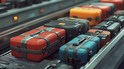 Fototapeta premium Airport Baggage Claim: Conveyor Belt Flowing with Diverse Luggage