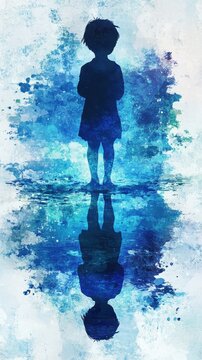 A small child standing and creating a reflection on the water