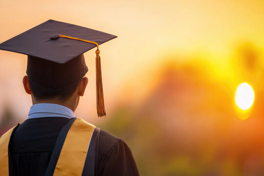 Indonesian graduate smiling at sunset while wearing graduation robe