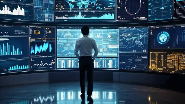 A skilled business professional stands before advanced screens showcasing complex analytics and visualizations, highlighting the intersection of business and technology in todays marketplace