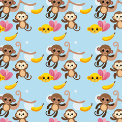Seamless Vector Pattern of Playful Monkeys, Bananas, and Flowers on Blue