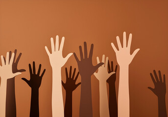 Obraz premium Diverse raised hands, unity in diversity, paper cut-out style, brown background, symbolic representation