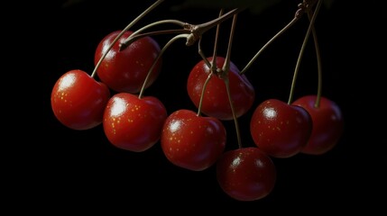 Ripe cherries branch dark background food
