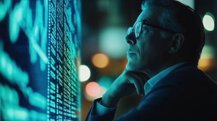 Man contemplating data displayed on a digital screen at night.