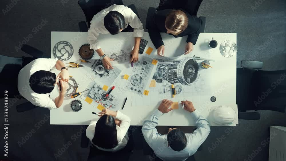 Poster top view of engineer pointing at turbine engine at meeting table with equipment. aerial view of prof