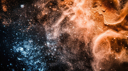 Colorful dust on a black glass table in a vibrant arrangement