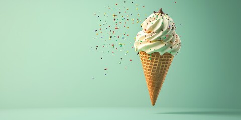 Flying waffle cone with mint chocolate chip ice cream and sprinkles, on a soft green background