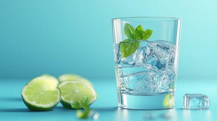 Iced Lime Mint Drink, Blue Background