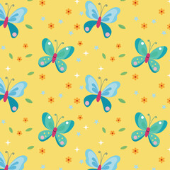 Vibrant Butterfly and Flower Pattern on Yellow Background