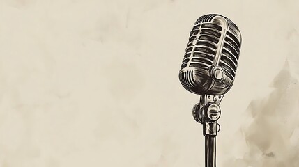 Vintage microphone drawing, half-tone brass fill, nostalgic feel