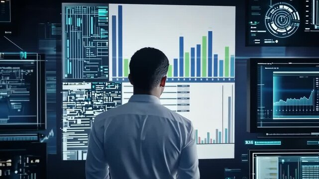 A skilled business analyst examines complex data visualizations and metrics, highlighting the intersection of innovative strategies and advanced technology in informed decisionmaking
