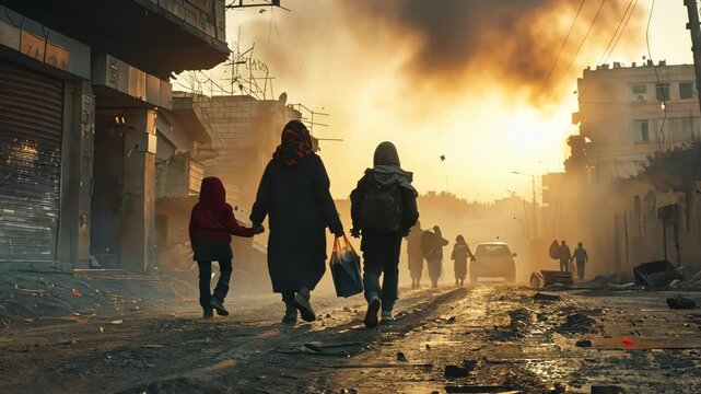 War-torn City: A Family's Journey Amidst Destruction