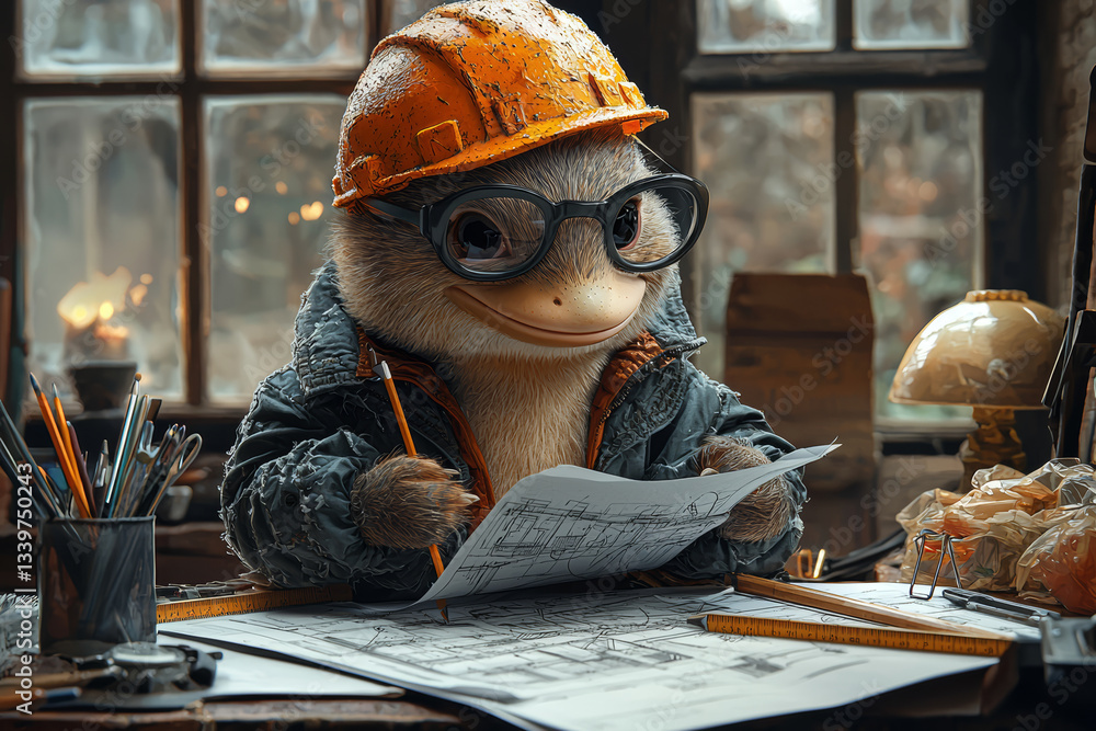 Poster platypus dressed as engineer designing bridge blueprints using drafting tools and ruler precision pl