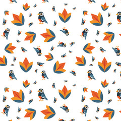Vibrant Pattern of Blue and Orange Birds with Geometric Floral Elements