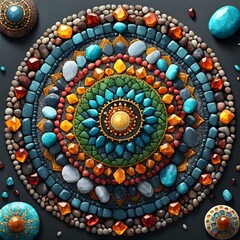 Digital matte painting with a mandala of colored stones.