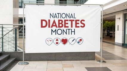 Awareness campaign for National Diabetes Month with informative banner display in a public area showcasing diabetes-related symbols like hearts and medical items