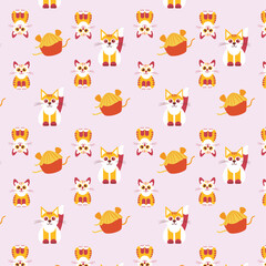 Whimsical Cat and Yarn Ball Pattern on Light Pink Background
