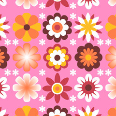 Whimsical Floral Pattern with Colorful Blooms on Pink Background
