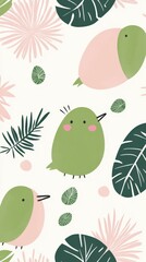 Whimsical Tropical Birds and Leaves Design. Pastel Color Floral Pattern. Simple Botanical Illustration