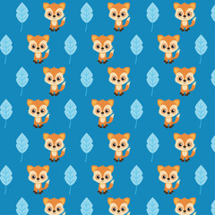 Whimsical Fox Pattern with Blue Leaves on a Vibrant Background