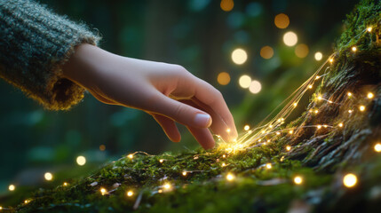 Enchanting elf's hand weaving magical threads in mystical forest setting