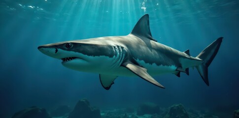 Fototapeta premium Bull shark partially submerged, showing its dorsal fin , water, environment, habitat