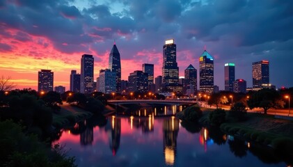 Fototapeta premium City lights illuminate Austin's skyline at dusk , downtown, towers, hill country